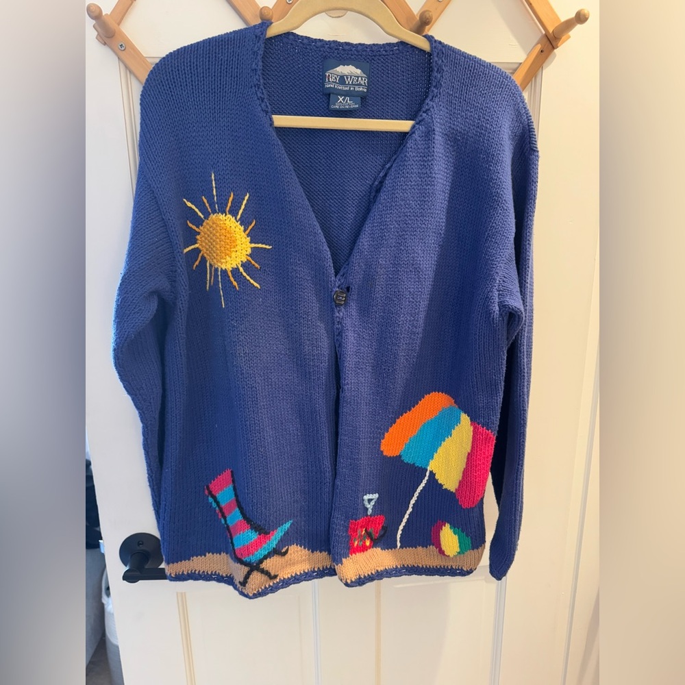 Adorable hand knitted beach themed women’s knit cardigan